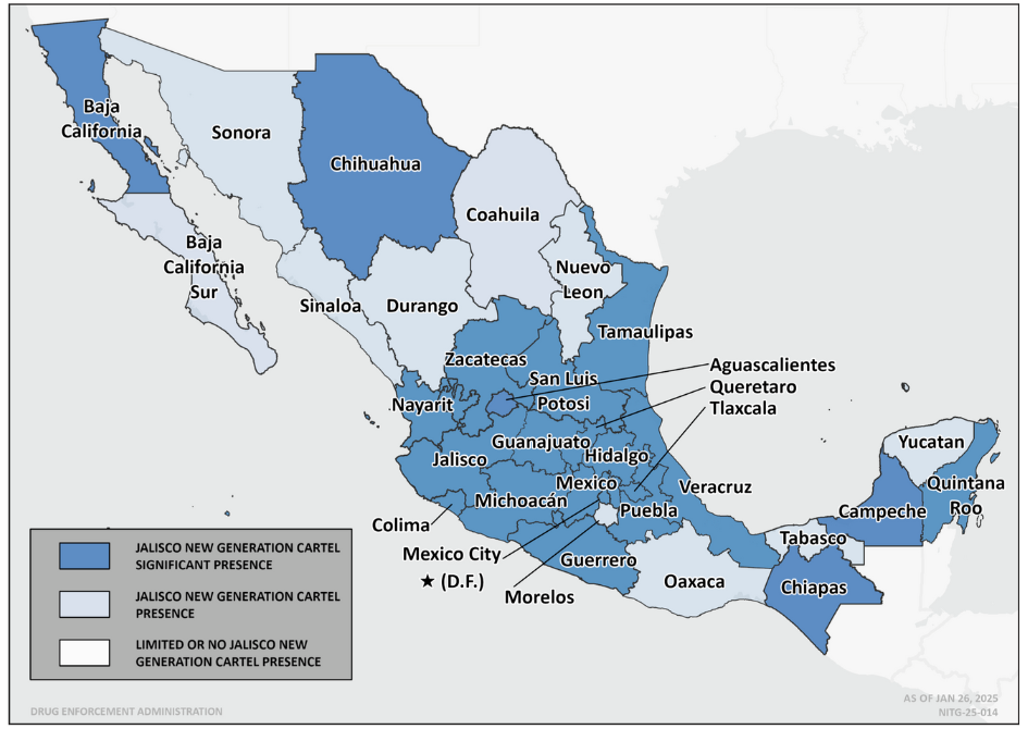Jalisco New Generation Cartel Dominant Areas of Operation