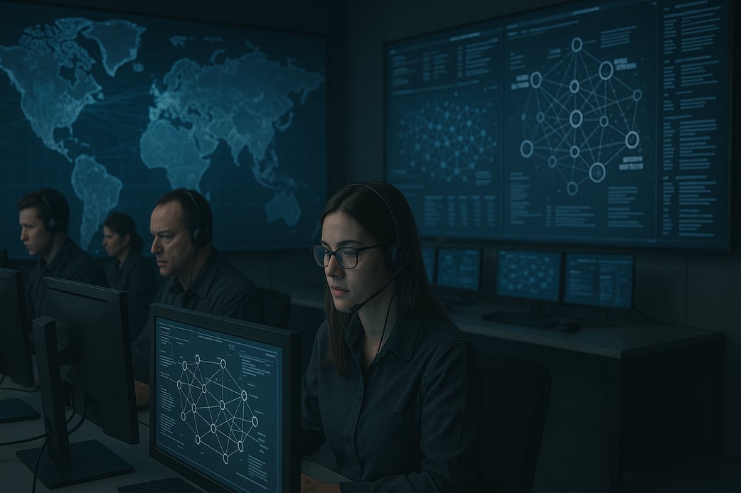 An anti money laundering analyst using AI risk management tools to review entity risk scores, materiality filters, and adverse media screening results on a network graph dashboard.