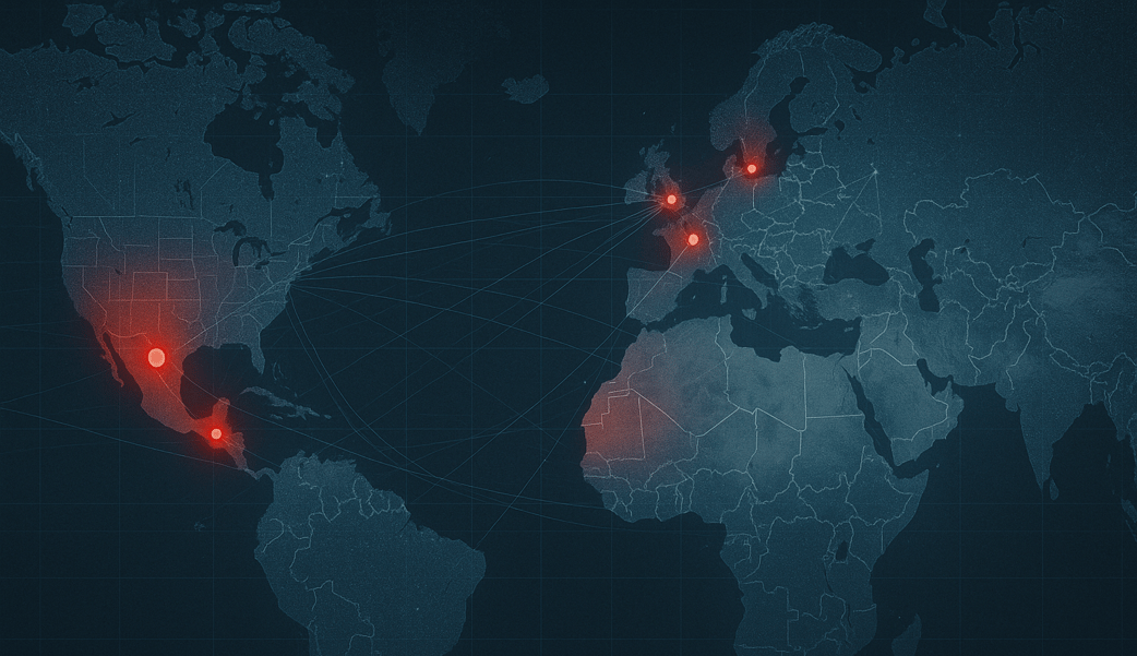 Global map symbolizing AI risk management analysis of cartel-linked financial flows between Mexico, the U.S., and Europe with high-risk nodes highlighted in red.