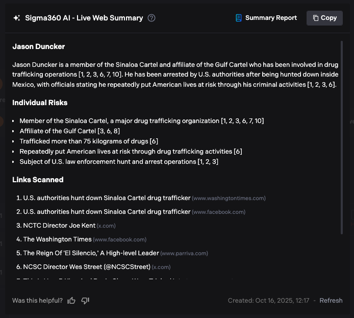 Sigma360 AI - Live Web Summary on Jason Duncker