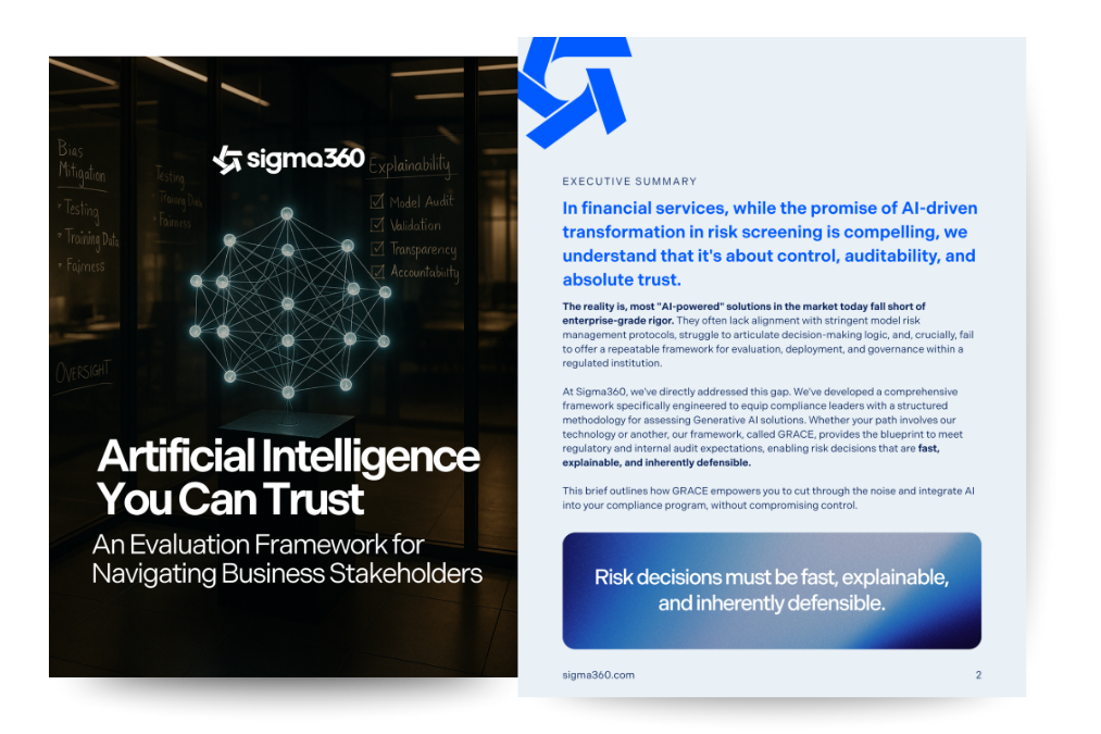 Sigma360 AI Evaluation Framework cover titled "Artificial Intelligence You Can Trust" showing a digital network graphic with keywords like explainability, model audit, validation, transparency, and accountability.